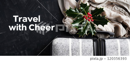 Festive Holiday Banner Travel with Cheer with Holly, Luggage, and Cozy Blanket for Winter Travel 120356393