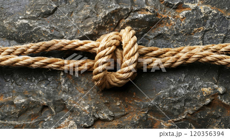 Close-Up of a Strong Knot on Rope Against Rocky Background, Symbolizing Strength, Unity, and Resilience 120356394