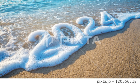 2024 written in sea foam on sandy beach 2024 written in sea foam on sandy beach 120356518