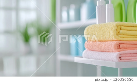 Organized janitorial supplies brightly displayed on a shelf in a well-lit cleaning area 120356550