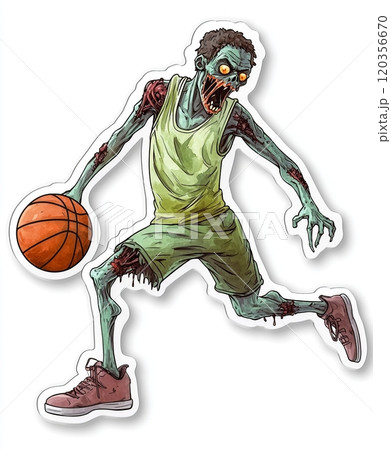 Zombie basketball player with ball - Halloween sticker isolated on a white background 120356670
