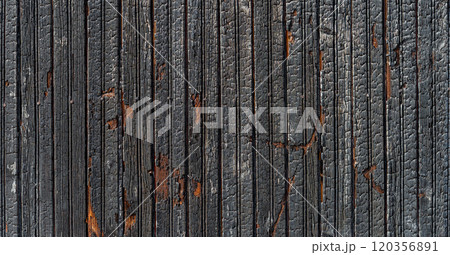 Burnt vertical wood planks texture on a bright sunny day.  120356891