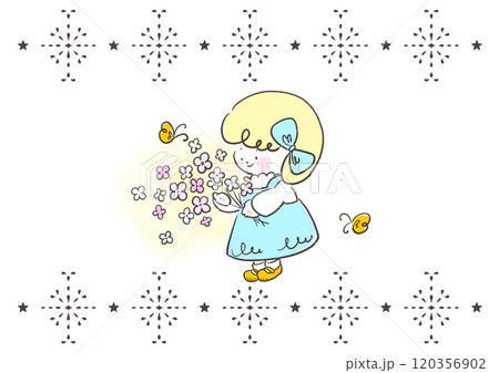 花束を抱える水色のワンピースの女の子	 120356902