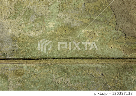 Wall old cracked paint green yellow shades. Spot of gray plaster. Groove in the wall Wall old cracked paint green yellow shades. Spot of gray plaster. Groove in the wall 120357138