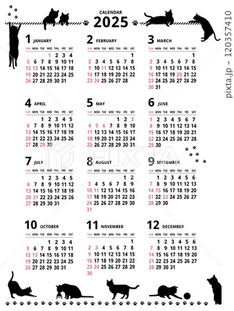 2025年_年間カレンダー_猫シルエット タテ型 120357410