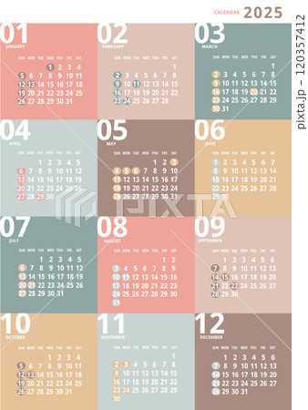 2025年_年間カレンダー_カラフルスクエア 2025年_年間カレンダー_カラフルスクエア 120357412