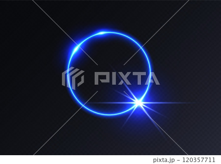 Blue light flare, glowing shiny sparkle, lens flare effect, bright glimmering glare. 120357711