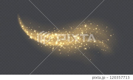 Golden magic cloud with sparkles, stardust sparkling decoration. Glowing glitter smoke trail. 120357713