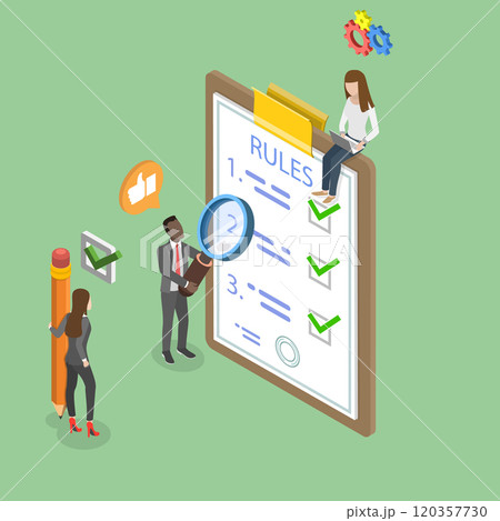3D Isometric Flat Vector Illustration of List Of Rules, Compliance and Regulations 3D Isometric Flat Vector Illustration of List Of Rules, Compliance and Regulations 120357730