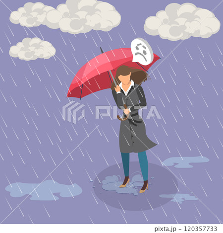 3D Isometric Flat Vector Illustration of Cold Bad Weather, Discontent Young Woman Seeking Refuge Under Umbrella During Rainstorm 120357733