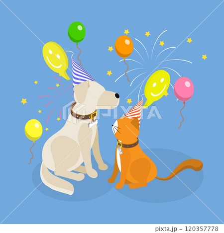 3D Isometric Flat Vector Illustration of Pets Birthday Event, Joyful Cat And Dog Celebrate Together With Balloons And Garland 3D Isometric Flat Vector Illustration of Pets Birthday Event, Joyful Cat And Dog Celebrate Together With Balloons And Garland 120357778