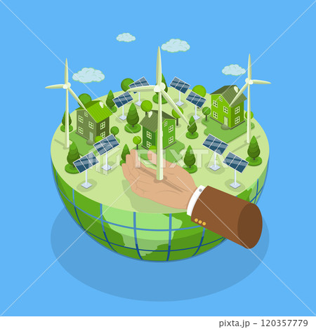 3D Isometric Flat Vector Illustration of Renewable Energy, Innovative Power Generation With Solar Panels And Wind Turbines 120357779