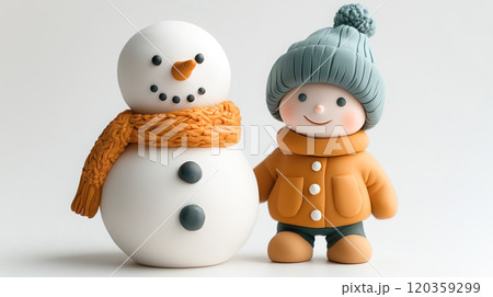 白背景に可愛い子どもと雪だるまの3Dイラスト 120359299