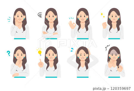 いろいろな表情やポーズをする若い女性のセット【人物ベクターイラスト素材】 いろいろな表情やポーズをする若い女性のセット【人物ベクターイラスト素材】 120359697