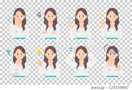 いろいろな表情やポーズをする若い女性のセット【人物ベクターイラスト素材】 いろいろな表情やポーズをする若い女性のセット【人物ベクターイラスト素材】 120359697