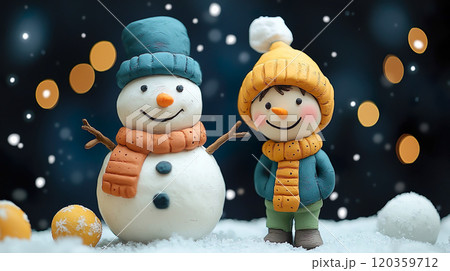 可愛い子どもと雪だるまとオレンジ色の玉ボケの3Dイラスト 120359712