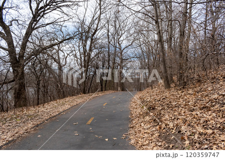 A paved walking path at a local Minnesota park surrounded by grass and trees. 120359747