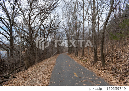 A paved walking path at a local Minnesota park surrounded by grass and trees. 120359749