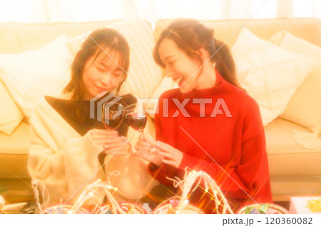 ホームパーティでワインの乾杯する二人の女性　　 120360082