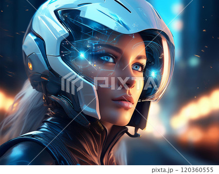 近未来のハイテクヘルメットを被っている女性ライダー 近未来のハイテクヘルメットを被っている女性ライダー 120360555