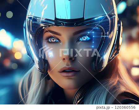 近未来のハイテクヘルメットを被っている女性ライダー 近未来のハイテクヘルメットを被っている女性ライダー 120360556