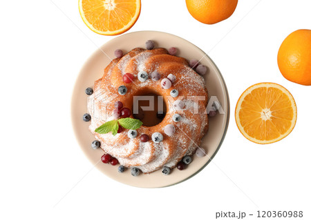 PNG, Christmas cake, cake in a plate, top view, isolated on white background. 120360988