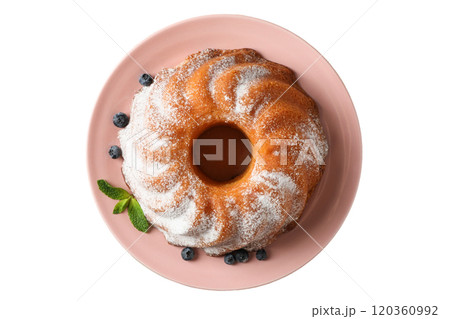 PNG, Christmas cake, cake in a plate, top view, isolated on white background. PNG, Christmas cake, cake in a plate, top view, isolated on white background. 120360992