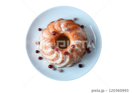PNG, Christmas cake, cake in a plate, top view, isolated on white background. PNG, Christmas cake, cake in a plate, top view, isolated on white background. 120360993