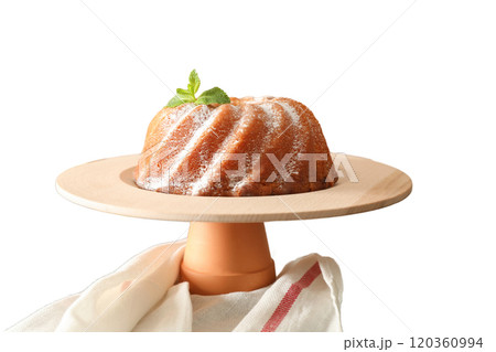 PNG, Christmas cake, cake in a plate, side view, isolated on white background. PNG, Christmas cake, cake in a plate, side view, isolated on white background. 120360994