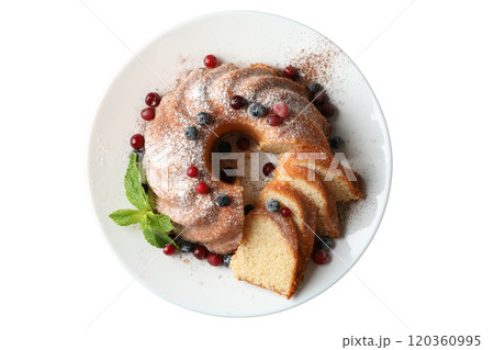 PNG, Christmas cake, cake in a plate, top view, isolated on white background. PNG, Christmas cake, cake in a plate, top view, isolated on white background. 120360995