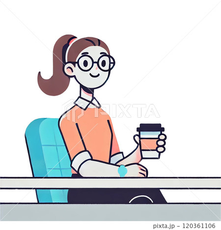 カフェでくつろぐ笑顔の女性キャラクター メガネとポニーテールが特徴 120361106