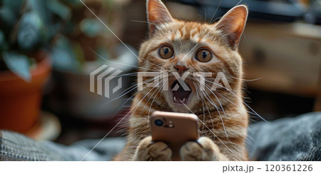 The cat holds a mobile phone in its paws 120361226
