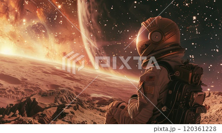 An astronaut in a protective suit and helmet observes an alien planet 120361228