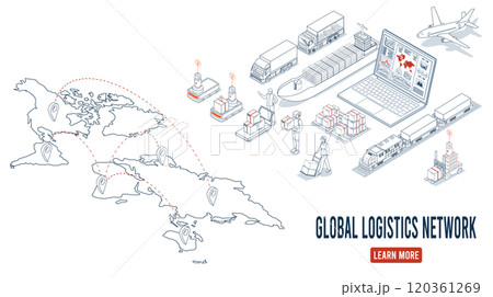 Global logistics network coordinates transportation, supply chain management (SCM), and operations across companies worldwide to deliver efficient logistics services. Vector illustration EPS 10 120361269