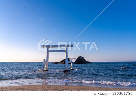 福岡県糸島市 桜井二見ヶ浦の夫婦岩と白い鳥居 福岡県糸島市 桜井二見ヶ浦の夫婦岩と白い鳥居 120361756