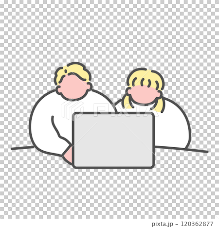Illustration of a man and woman doing research on a computer Illustration of a man and woman doing research on a computer 120362877