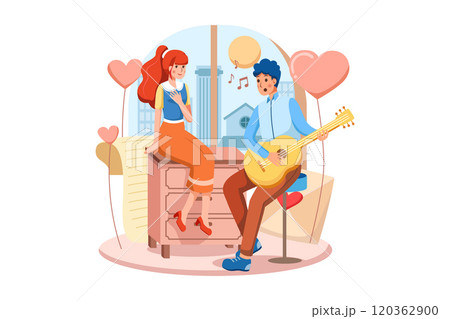 The boy playing guitar and singing a love song to his beautiful girlfriend on valentine day 120362900