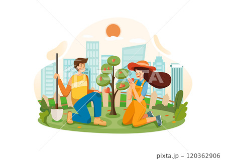 A couple growing the tree of love together in the garden 120362906