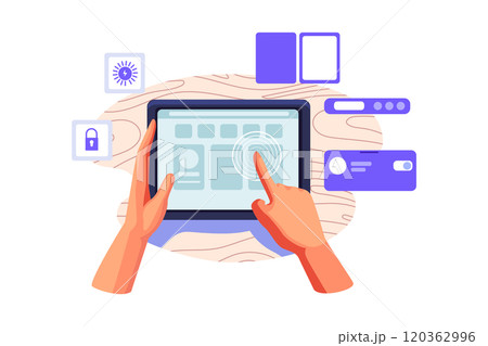 Hands of young man holding tablet with smart remote control system Hands of young man holding tablet with smart remote control system 120362996