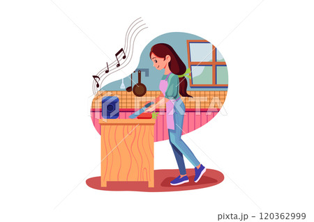 Woman Working In Kitchen With Smart Speaker In Foreground Woman Working In Kitchen With Smart Speaker In Foreground 120362999