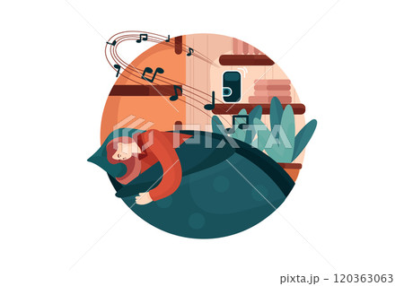 Woman sleeping in the bed listening to music on a wireless speaker 120363063