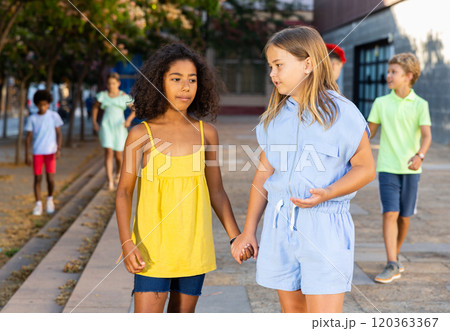 Young girls walking during summer day and having conversation Young girls walking during summer day and having conversation 120363367