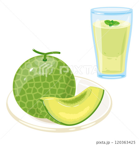 皿に盛られたメロンとグラスに入ったメロンスムージー 皿に盛られたメロンとグラスに入ったメロンスムージー 120363425