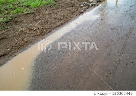 雨の日に畑の土が道路に流出 120363449