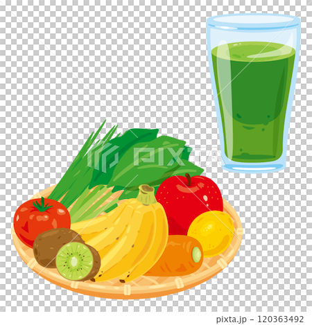 濾鍋中的蔬菜和水果以及玻璃杯中的綠色果汁 濾鍋中的蔬菜和水果以及玻璃杯中的綠色果汁 120363492