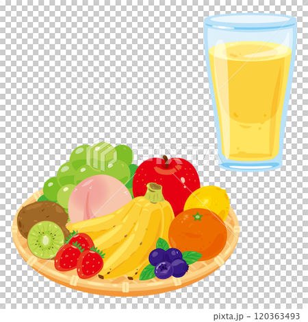 漏勺中的水果和玻璃杯中的水果冰沙 120363493