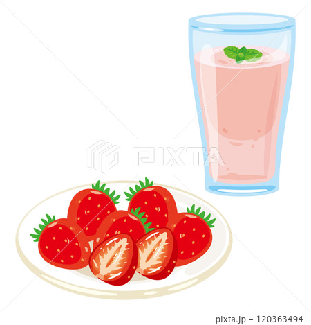 皿に盛られた苺とグラスに入った苺スムージー 120363494