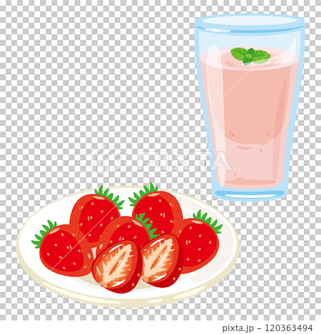 皿に盛られた苺とグラスに入った苺スムージー 120363494