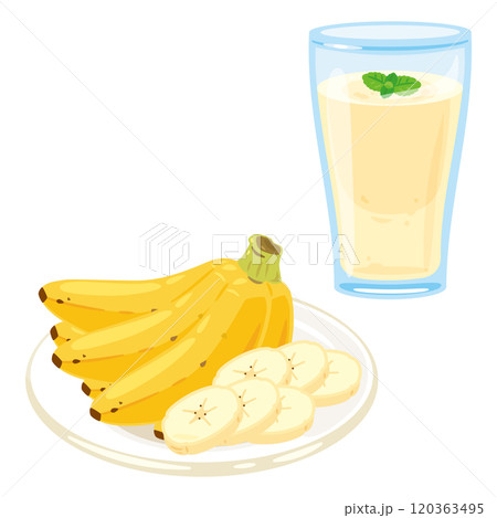 皿に盛られたバナナとグラスに入ったバナナスムージー 皿に盛られたバナナとグラスに入ったバナナスムージー 120363495