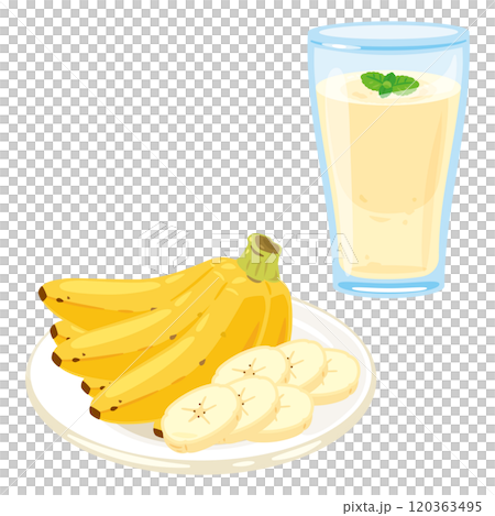 皿に盛られたバナナとグラスに入ったバナナスムージー 皿に盛られたバナナとグラスに入ったバナナスムージー 120363495